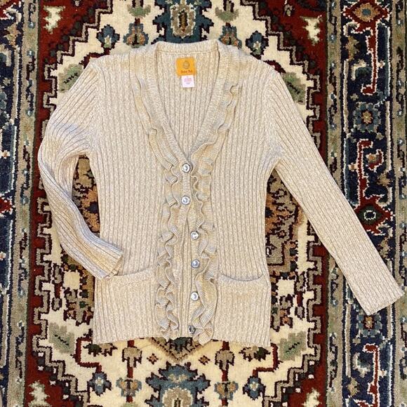 RUBY RD. M Gold-Dusted Ruffle Edged Cotton Blend Cardigan Sweater w/ Pockets - Picture 1 of 8
